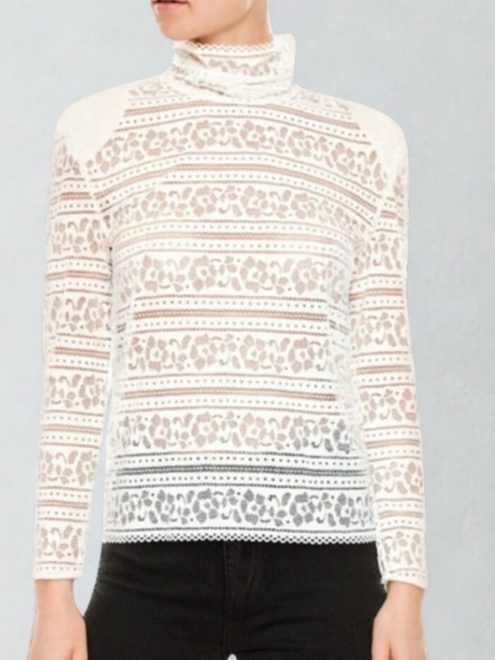 Sandro White Sheer Lace Mock-Neck Long Sleeve Tee